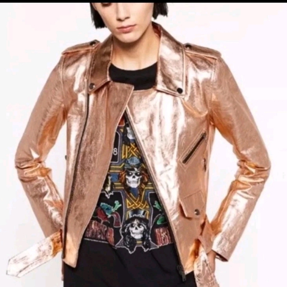 ZARA Women Jacket Simili Leather Size XL Pink Glossy Color Bikercore Style